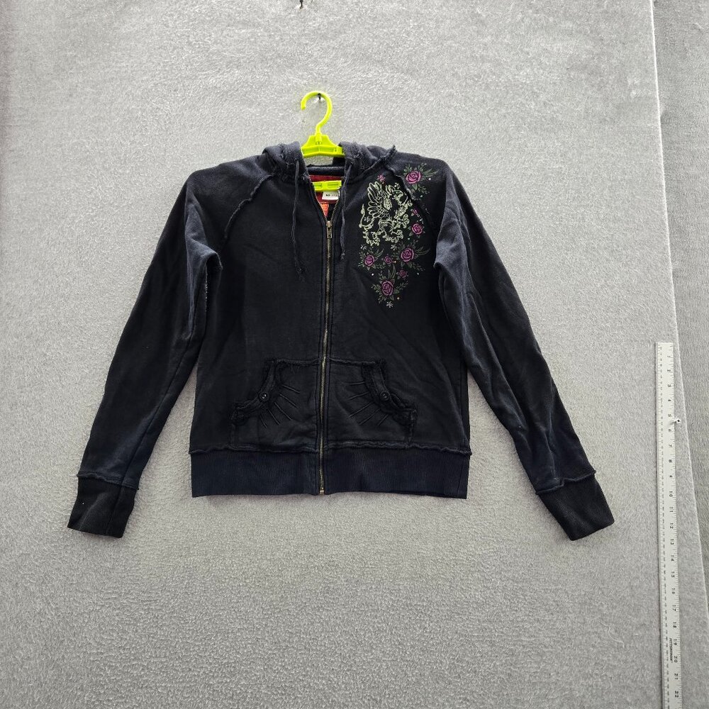 VINTAGE Hard Rock Cafe Women Hoodie XL Black Y2K Fairy Grunge Print Skull Flower